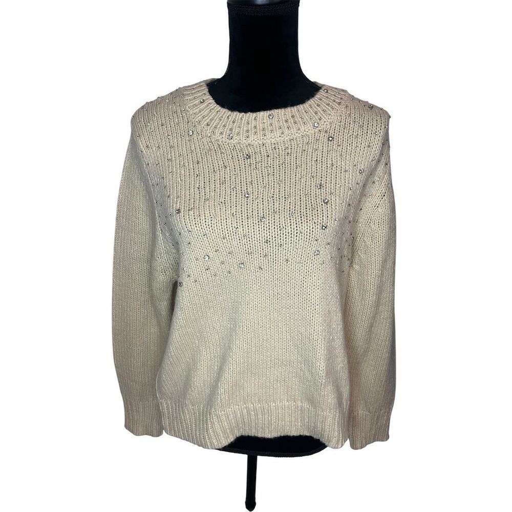NWT DESIGN HISTORY BEIGE BEADED SPARKLY RHINESTONE CAMEL/TAN SWEATER SIZE LARGE
